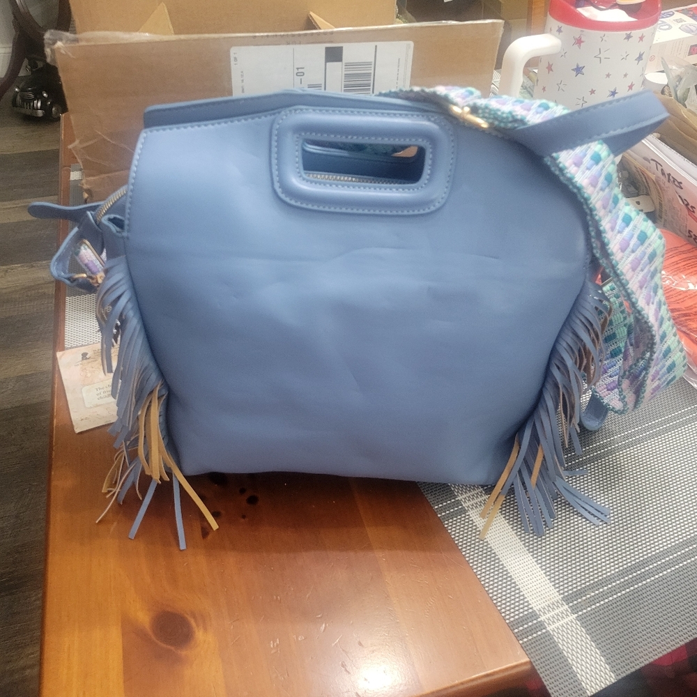 AHDORNED Faux Leather Fringe Bag w/ Two Removable Straps Blue